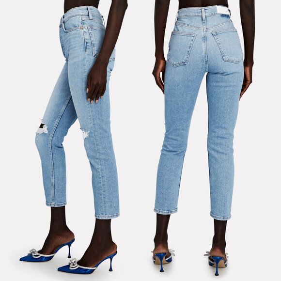 RE/DONE 90's High Rise Ankle Crop Jeans In Sanded Blue Sz 29 Distressed Denim - Picture 2 of 9